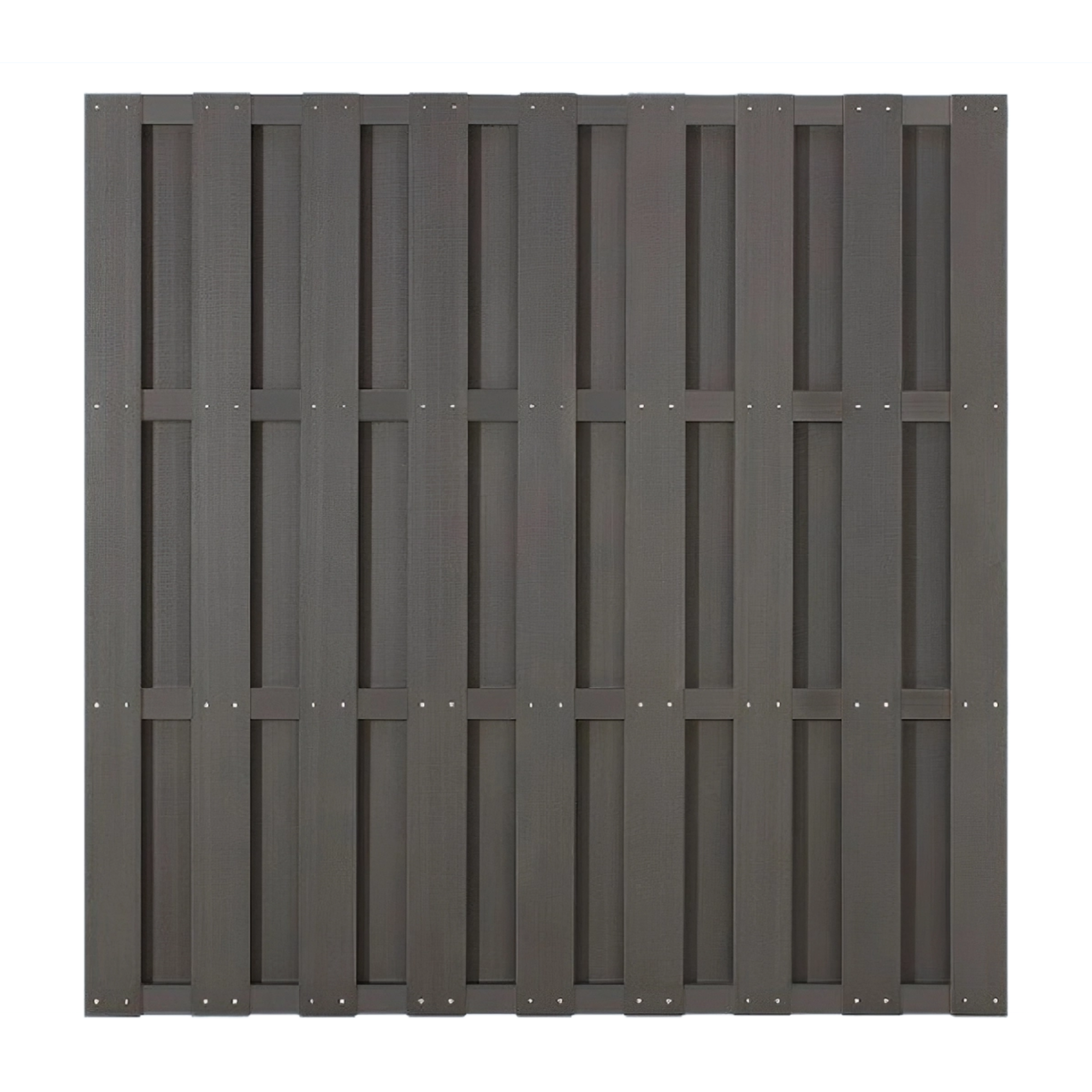Grey vertical slat WPC fence panel with framed support rails and visible fixing screws